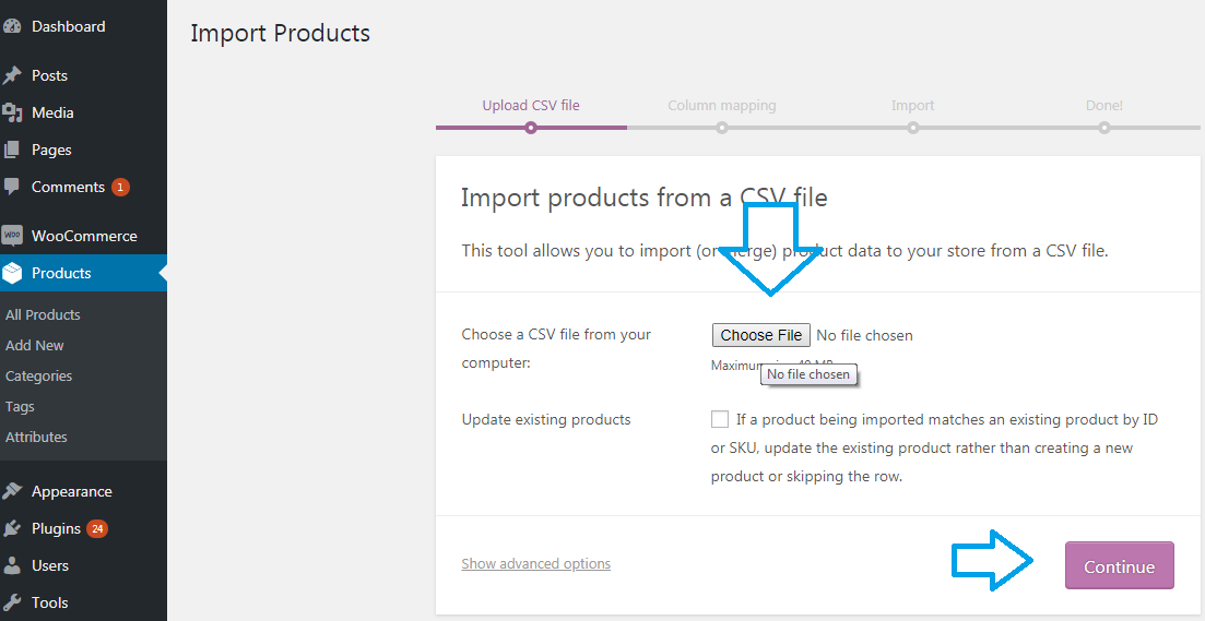 CSV file to import products