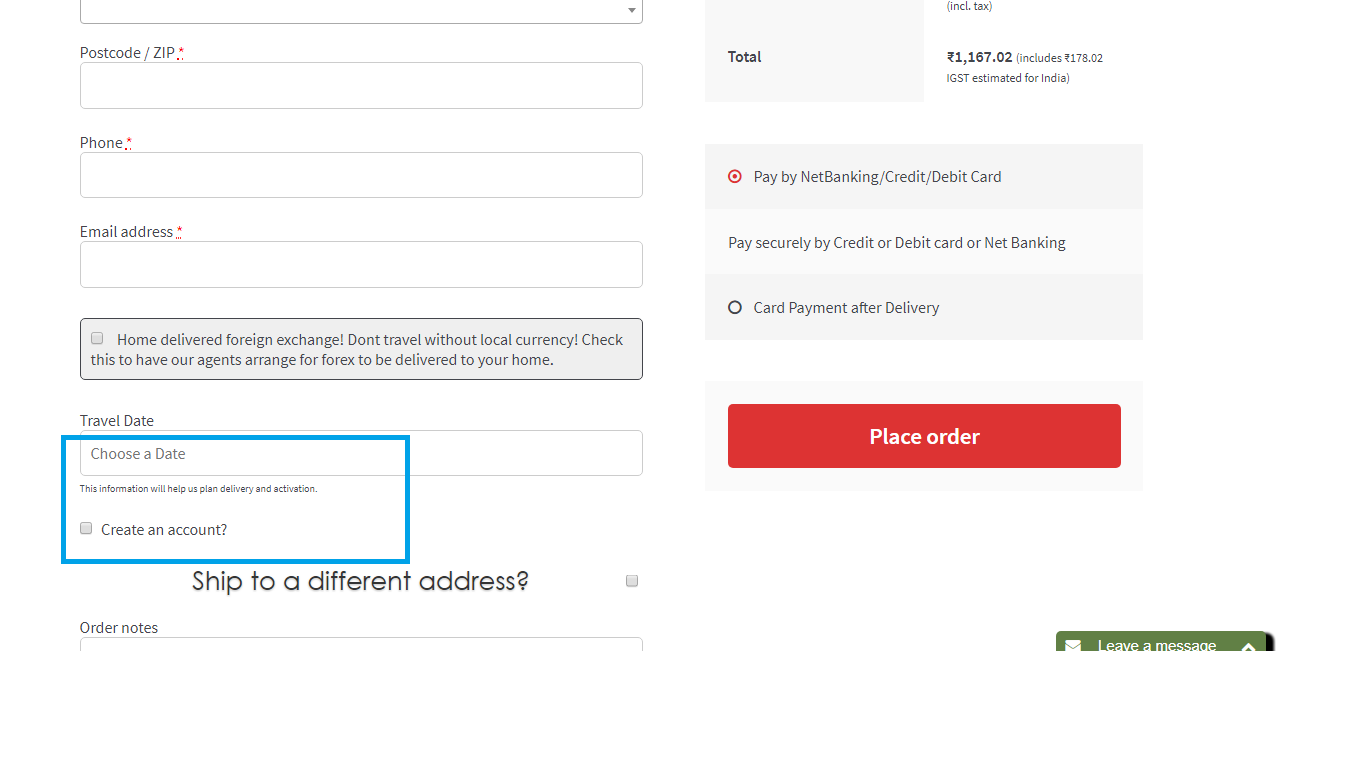Customer registration on the checkout page