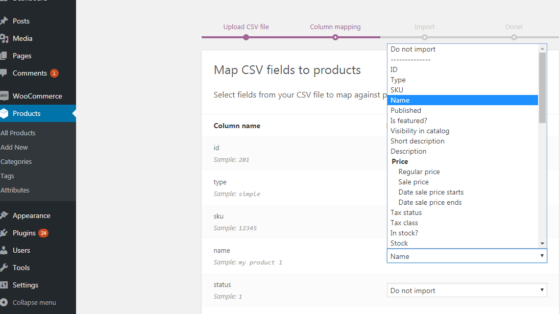 Mapping CSV fields to product