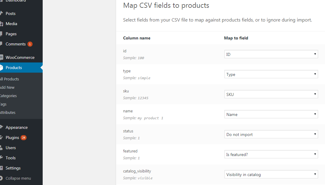 Mapping CSV fields to products