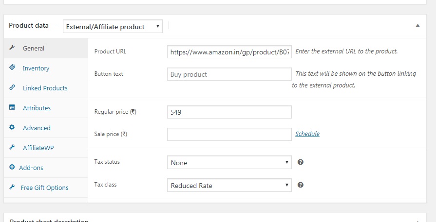 Setting up affiliate product